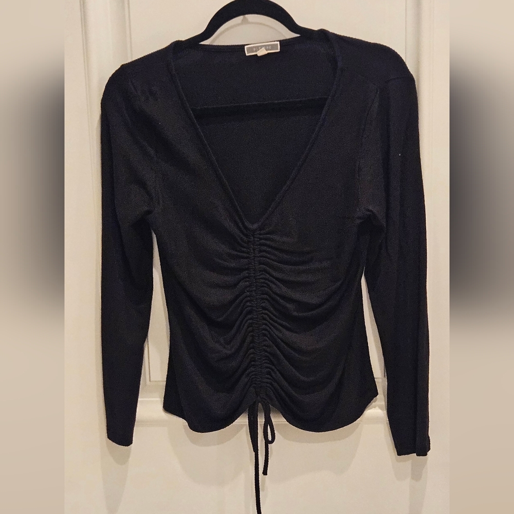 NWOT PLEIONE Women's Medium Black Long Sleeve Ruched top with front tie Bodycon